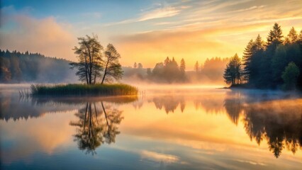 Obraz premium Golden Sunrise Over Serene Lake with Misty Reflections of Trees and Reeds