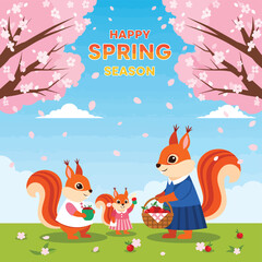 Adobe Illustrator Artwork Cute cartoon squirrel enjoying an outdoor picnic in a forest. Whimsical animal friends with acorns, mushrooms, and a picnic basket. Charming nature illustration