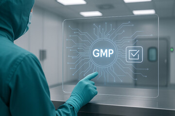Pharmaceutical cleanroom technician using digital interface with holographic GMP: Good Manufacturing Practices icon for virtual inspection and process verification..