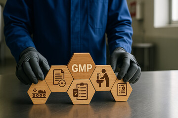 Worker in GMP: Good Manufacturing Practices environment handling wooden hexagonal blocks with icons representing compliance, documentation, inspection and hygiene procedures..