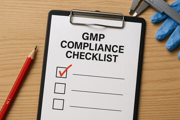 GMP: Good Manufacturing Practices compliance checklist on clipboard with red pencil and protective gloves for quality assurance auditing in pharmaceutical facilities..