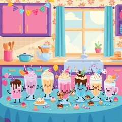Adobe Illustrator Artwork Cartoon illustration of a birthday party with dancing milkshake characters, a cake, and colorful decorations on a table. Cheerful and fun celebration