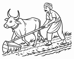 An Old Farmer Working Hard In The Field With Ox