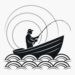Fisherman silhouette, Fisher with fishing rod and hooked fish isolated vector illustration