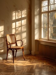 Sunlight streams into a room with a chair