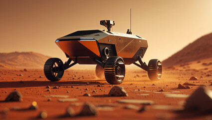 A futuristic Martian rover explores the dusty red terrain, surveying a distant planet's surface.