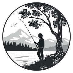 A fisherman with a catch of fish. Fish on a hook. Fisherman in gear with fishing rod silhouette