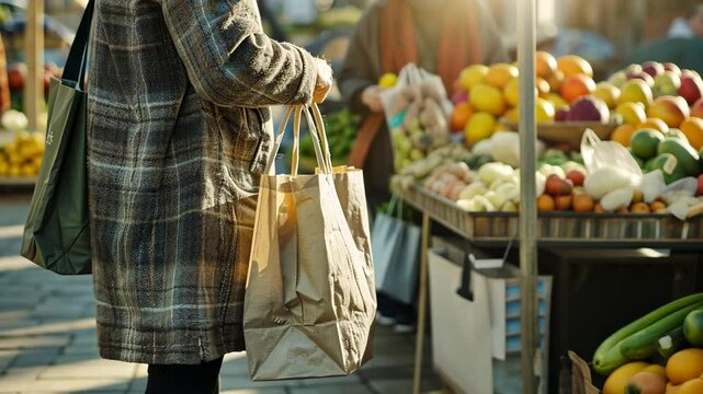 A person holding shopping bags near a vibrant market filled with fresh produce.