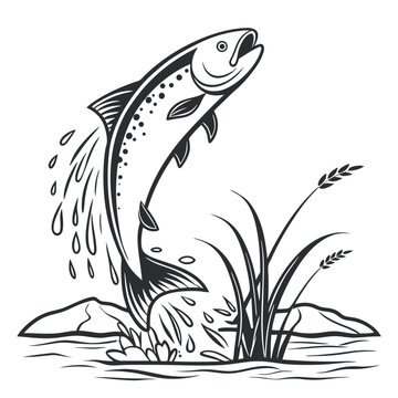 jumping salmon black and white clip art preview