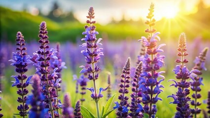 Obraz premium Prized flowers bloom in the grassy field of Salvia pratensis on a sunny spring day