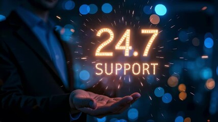 Businesswoman Presenting Glowing 24/7 Icon Representing Continuous Customer Support and Reliable Service

