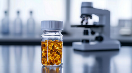 A clear glass jar filled with golden crystalline substances sits on a reflective surface, with a microscope blurred in the background, showcasing a scientific environment.