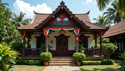 Traditional House Exterior with Ornamentation and Tropical Garden