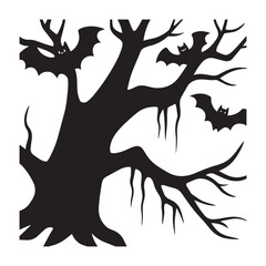 Spooky Halloween Tree Silhouette With bats vector art design on white background.
