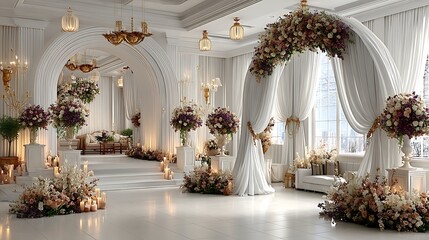 Premium birthday backdrop with floral arch and elegance high resolution image