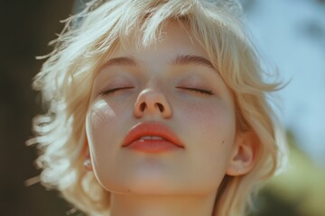 blonde woman basking in warm sun, fresh face and closed eyes, serene expression