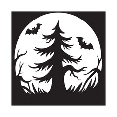 Spooky Halloween Tree Silhouette With bats vector art design on white background.