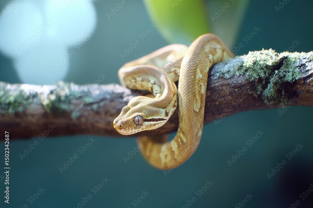 Poster snake elegantly coiled around a tree branch in lush forest environment during daytime, snake wrapped