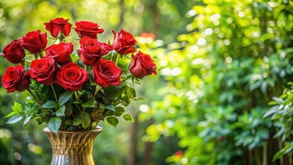 Freshly cut bouquet of long-stemmed red roses arranged in a decorative vase