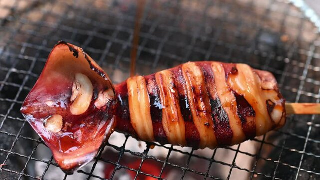 イカ焼き　バーベキュー　炭火でイカのぽっぽっ焼き