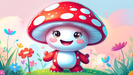 Cute cartoon mushroom character on grass with flowers.
