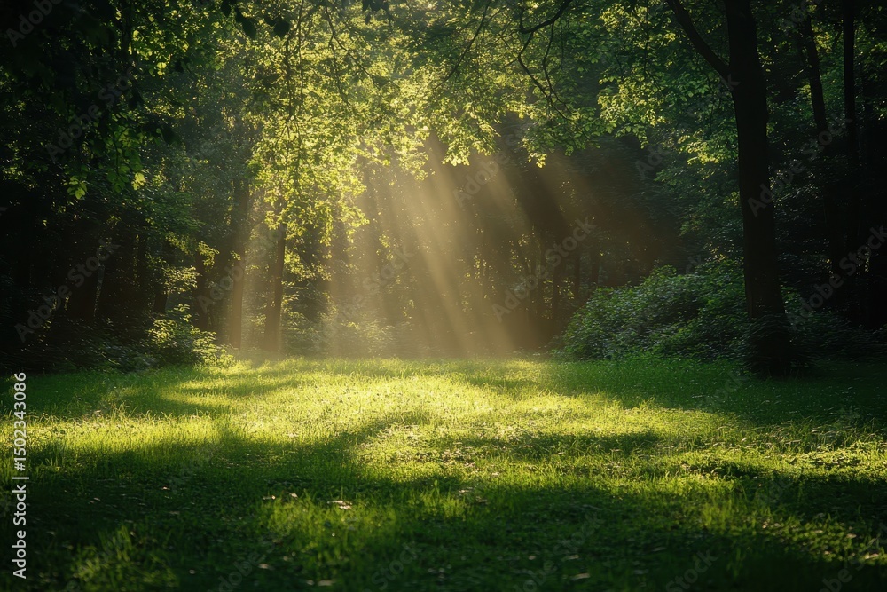 Poster sunlight filters through trees onto a lush green field in a tranquil forest setting, sunlight filter