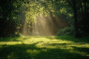Obraz premium Sunlight filters through trees onto a lush green field in a tranquil forest setting, Sunlight filtering through trees onto lush green field with dense foliage