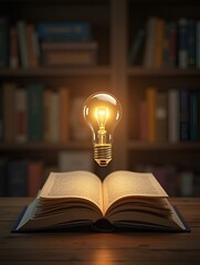 Illuminated Book Pages and Floating Lightbulb Symbolic Knowledge Icons in Rustic Setting - Educational Enlightenment and Modern Classroom Innovation