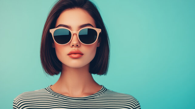 Model wearing sunglasses with a soft-focus background for logotext placement, poses against a vibrant blue background, exuding confidence and modern fashion trends.