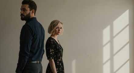 Fototapeta premium Man and woman standing back to back in dimly lit room with shadows 