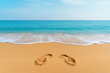 Sandy beach footprints leading to the ocean, with gentle waves lapping at the shore under a clear blue sky, symbolizing tranquility and vacation.