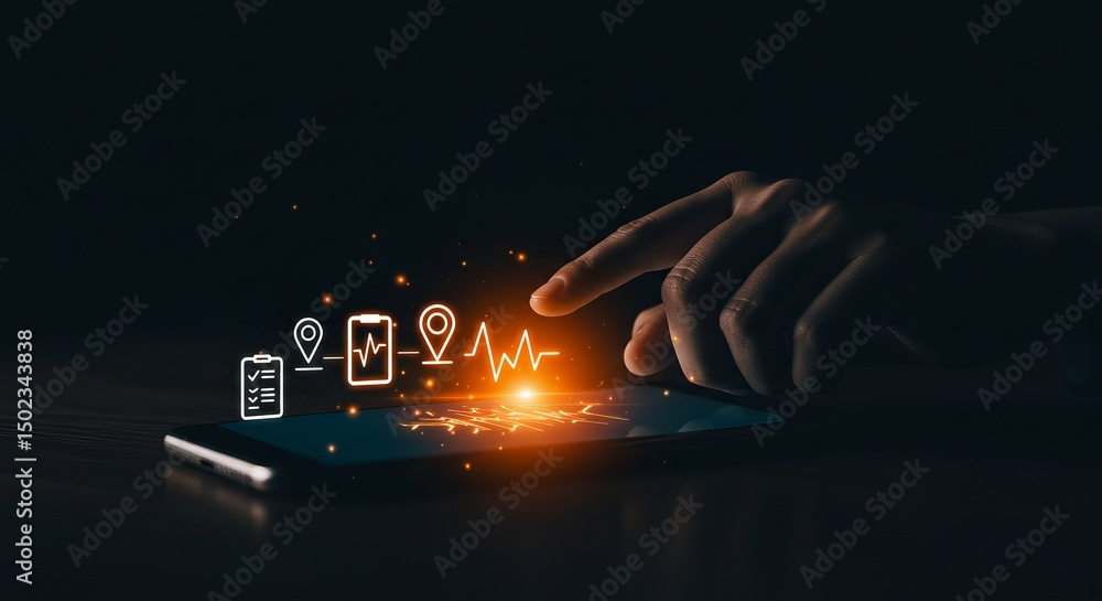 Poster a hand touching a mobile device displaying medical icons and a glowing line graph on a dark backgrou