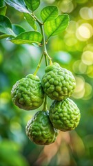 Fototapeta premium Fruity branches with three small bergamot fruits hanging from a leafy branch on a tree against a blurred background