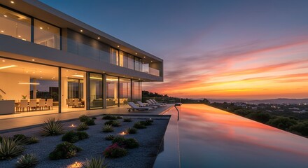 Fototapeta premium Modern House with Infinity Pool at Sunset