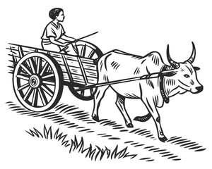 Boy Driving an Ox Cart Along a Grassy Path