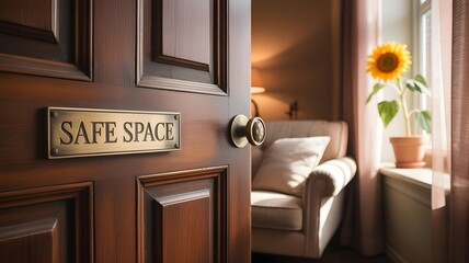 Safe Space Door Sign - Mental Health Support Room Interior,symbolizing mental health support, emotional wellness, and psychological safety in counseling or therapy settings.

