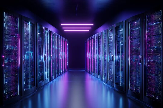 Futuristic server room with neon lighting - Powered by Adobe