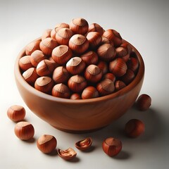 Obraz premium A wooden bowl full of hazelnuts isolated on white background 