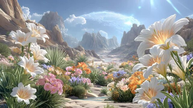 Surreal Alien Landscapes alien floral valley, alien floral valley, alien floral valley blooming in dreamlike extraterrestrial canyon Floral Fantasy Worlds Extraterrestrial Garden Design