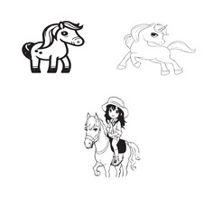  Cute Black And White Horse Vector set 
