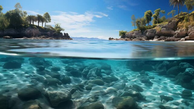Tropical paradise beach with white sand and blue sea water travel tourism wide panorama background concept. Idyllic beach landscape, soft waves, peaceful nature scenery