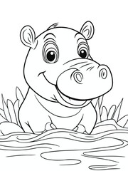 Hippopotamus Line Art – Black and White Coloring Page for Kids