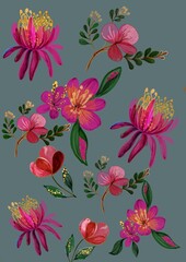 pink flower water color pain freehand sketch 