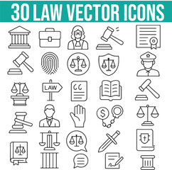 set of LAW related icons, court vector icons, prison, justice, police, lawyer, judge, editable stroke icon set