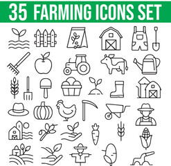 set of farming icons, agriculture vector icons, seeding, animals, farmer, gardening, farm illustration