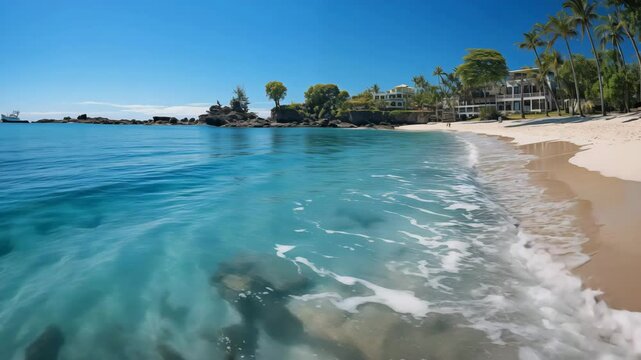 Tropical paradise beach with white sand and blue sea water travel tourism wide panorama background concept. Idyllic beach landscape, soft waves, peaceful nature scenery