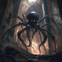 Massive spider monster in gothic crypt