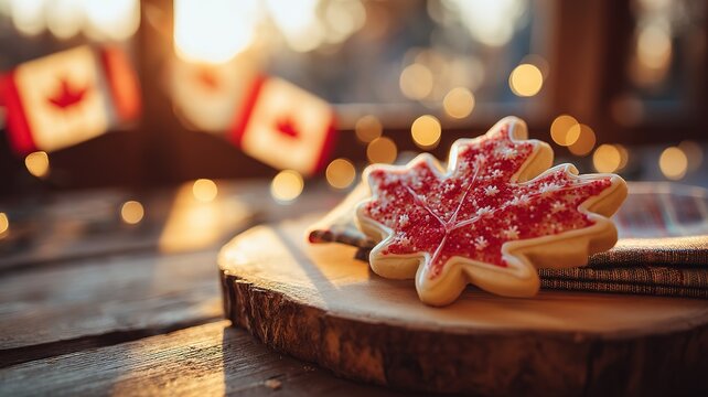 Maple leaf cookie with red and white icing on a wooden plate, celebrating Canada Day with festive warmth and patriotic spirit.
