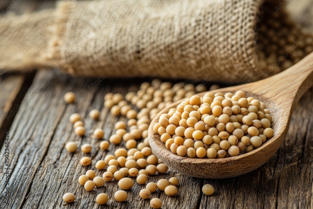 Poster soybeans nestled in a wooden spoon on a rustic wooden table surrounded by natures elements, soybeans