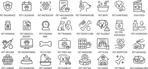 Pet Care Icons Set, Vector Illustration on White Background.